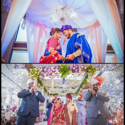 A tale of two beautiful weddings. The top frame shows a tender moment from a Maharashtrian ceremony, while the bottom frame captures the grand, celebratory entrance of a Punjabi couple. I am experienced in capturing the unique essence of diverse wedding cultures.