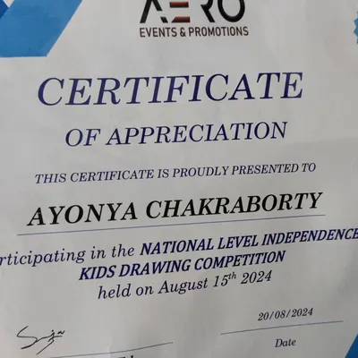 A certificate of appreciation awarded to our student for winning a gold medal in a National Level Drawing Competition. We actively encourage and prepare students for such events.