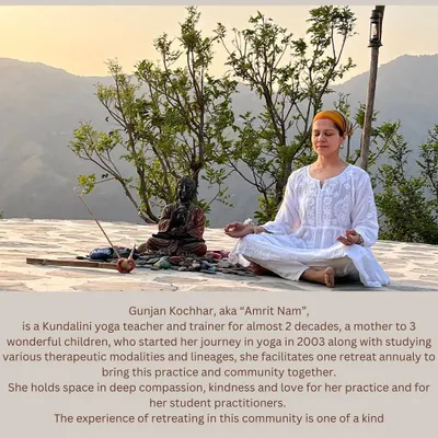 An introduction to me, Gunjan Kochhar, also known as Amrit Nam. For nearly two decades, I have been facilitating these practices, holding space with deep compassion and love for my students. Our annual retreats are a one-of-a-kind experience.