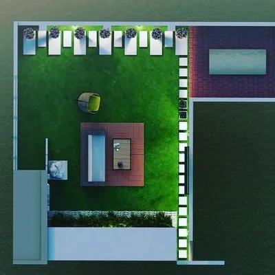 This is an overhead 3D design we presented to a client. It helps to map out the entire space, showing the placement of seating areas, planters, pathways, and lighting to ensure the layout is perfect.