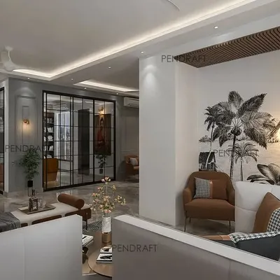 This living room design features a striking hand-painted tropical mural, creating a unique focal point. The space overlooks a glass-enclosed library, blending relaxation with intellectual pursuits.