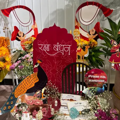 A grand Raksha Bandhan trousseau setup for a bride-to-be. These large-scale displays are a key part of wedding gifting, a profitable niche we explore in my coaching.