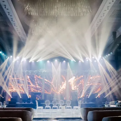 The stunning stage setup for Isht and Paavni's cocktail night in Dubai, ready for a night of celebration.