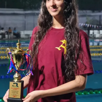 My swimmer Veera Prathambir after securing 5 medals, including 3 golds, at the CBSE North Zone swim meet. Her gold in the 200m Individual Medley, a new event for her, was a particular highlight.