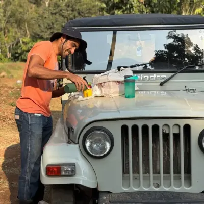 Finding joy in the little things. Even in the midst of the hustle, there's always time for a cup of my own plantation's Robusta coffee, right on the hood of my Thar.