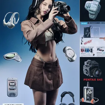 A full-on Y2K-inspired magazine cover. We incorporated retro gadgets like the Sony Walkman and a Pentax 645 camera to build a world of nostalgic futurism.