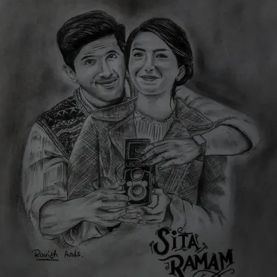 A pencil drawing tribute to the beautiful love story of Sita Ramam. This piece captures the classic romance and is an example of a custom couple's portrait I can create for you.