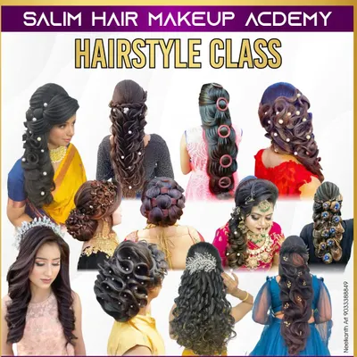 A collage showcasing the variety of hairstyles taught in my academy classes. We cover everything from long, open styles to intricate bridal updos and braids.