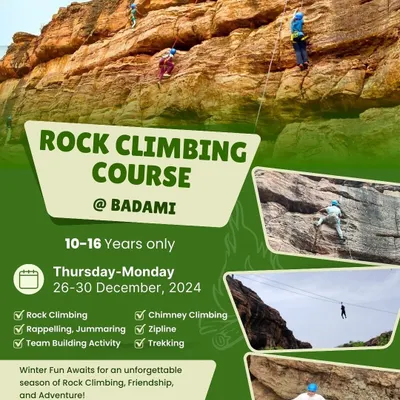 Our official poster for the Rock Climbing Course at Badami. It details the activities covered, including rock climbing, rappelling, ziplining, and trekking, for an unforgettable winter adventure.
