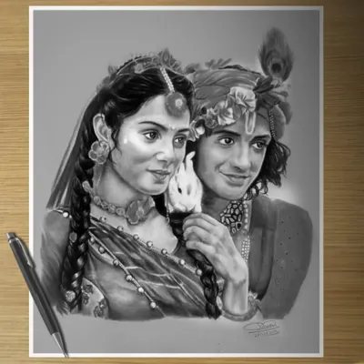 A classic portrait of Radha and Krishna, showcasing my ability to draw two interacting figures with emotion and detail.