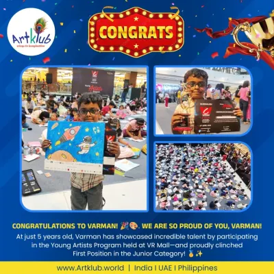 The moment of victory is always special. Here is 5-year-old Varman, beaming with pride after winning First Position in the Junior Category at a live art event. His success is a testament to his hard work and creative spirit.
