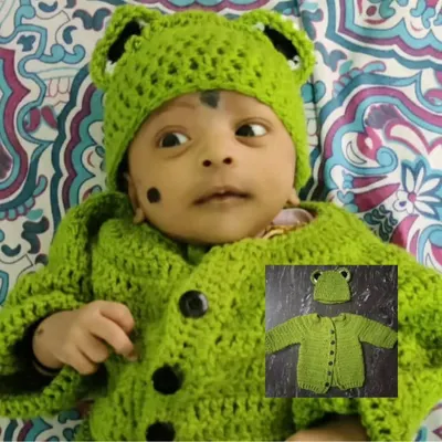 A happy customer looking absolutely ribbit-ing in my frog sweater and cap set. I designed this with a cozy fit and cute ear details, making it a fun and warm outfit for any little one.