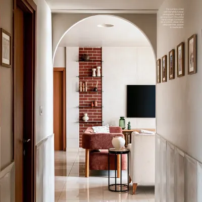 I was so excited to have my 'Mridang' project featured in the print issue of Good Homes Magazine. This shot from the feature shows the view from the corridor into the living room, highlighting the arched entryway and brick details.