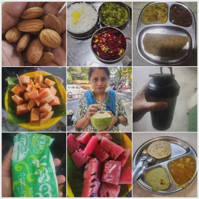 A collage showcasing the variety in our nutrition guidance. It includes balanced meals with rice, roti, and sabzi, healthy snacks like almonds and fruits, and natural options like buttermilk and protein shakes.