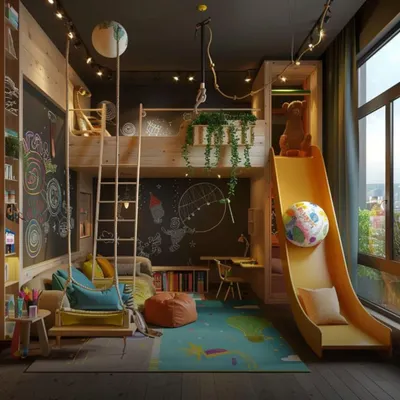 This is the ultimate playground bedroom. I designed this custom loft bed with a slide, a chalkboard wall for creativity, a cozy swing, and plenty of shelving, turning this room into a space for endless adventure and fun.
