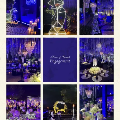 A collage showcasing the variety of events designed for a single wedding at The Leela Palace Udaipur. This grid highlights the distinct moods created for the Engagement, Haldi, Mehendi, Sufi Night, Wedding, and Reception.