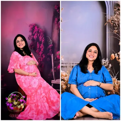 This diptych showcases the versatility of my studio sessions. I can create a soft, romantic atmosphere with floral themes and colorful gowns, or a more rustic, neutral setting that feels calm and timeless. Each setup is designed to make you feel beautiful and comfortable.