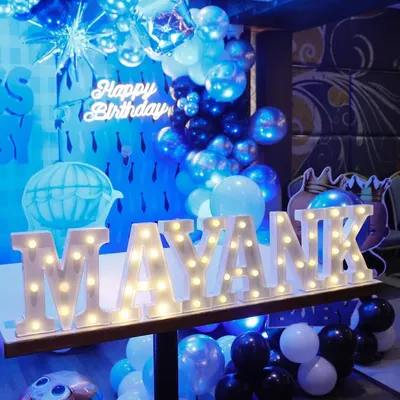 We bring popular themes to life for birthday parties, like this "Boss Baby" themed celebration. The setup includes a custom backdrop, marquee lights with the birthday boy's name, and a coordinated blue balloon arrangement for a stylish event.