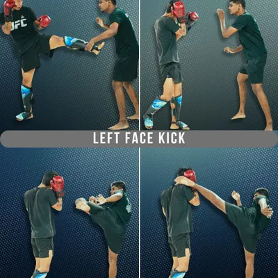 Master the art of eight limbs. This graphic breaks down the left face kick, a powerful Muay Thai technique, showing the setup, chamber, execution, and return.