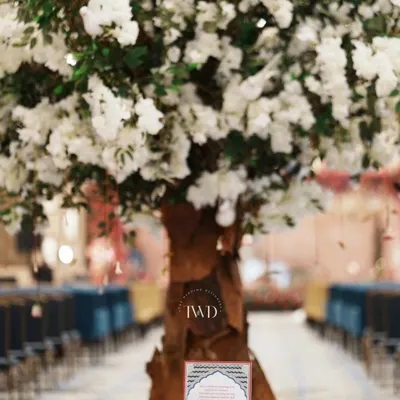 We created this 'Tree of Blessings' for a Bhajan Sandhya. It served as a central point for a beautiful ritual where guests tied sacred 'mouli' threads, whispering blessings for the couple.