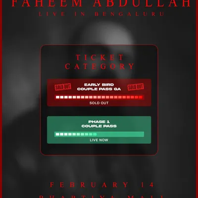 Our strategic ticketing approach creates urgency and rewards early fans. This graphic shows the 'Early Bird Couple Pass' for Faheem Abdullah's show as sold out, with Phase 1 now live.