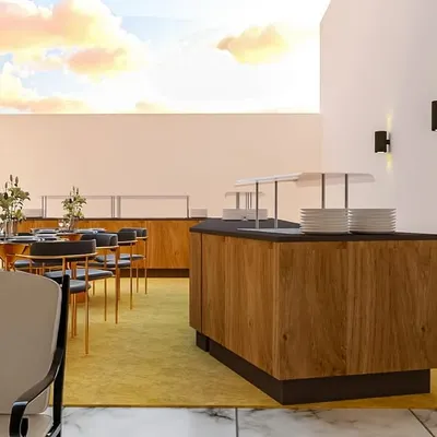This 3D render shows the outdoor catering and dining area of our marriage hall design. We planned for functional buffet counters, ample seating, and a vertical garden wall to create a pleasant and efficient space for guests.
