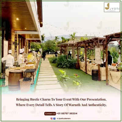 An outdoor event featuring rustic wooden counters and barrel tables, creating a warm and authentic atmosphere for guests to enjoy.