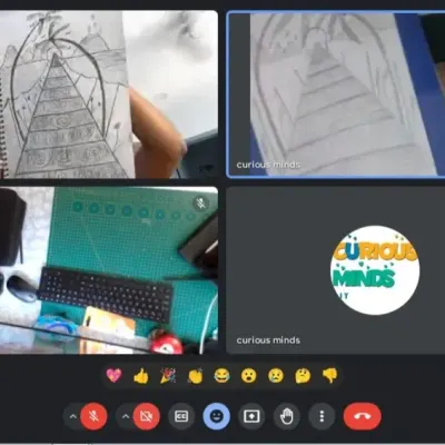 A screenshot from an online class where a student is showing their pyramid drawing. My virtual classes are just as hands-on and interactive.