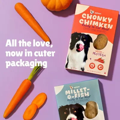 Our meals just got a glow-up with this new packaging. Inside, you'll find the same slow-cooked, ready-to-eat food made with real ingredients like chicken, fish, millets, and veggies. It's all the love, now in a cuter box.
