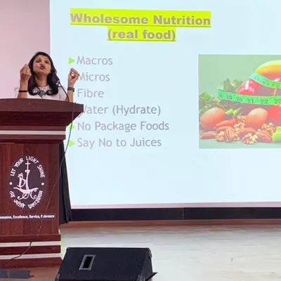 Addressing college students at Jyoti Niwas, Bengaluru, on the principles of wholesome nutrition. My talks emphasize real food over packaged goods and juices, providing a clear roadmap for healthy eating.