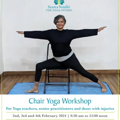 My Chair Yoga Workshop is for teachers, seniors, and anyone with injuries. This poster shows me in a supported Warrior II, demonstrating how a chair can make classic poses accessible.
