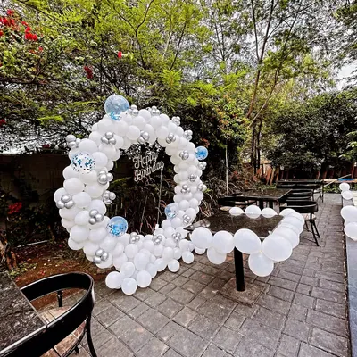 An elegant adult birthday party setup in a garden, featuring a white and silver balloon ring that doubles as a photo booth.