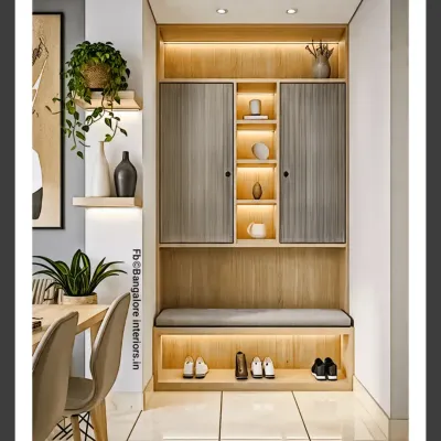 A perfect entryway solution, this unit combines a comfortable seating bench with shoe storage underneath. It also includes closed cabinets and open, backlit shelving for display, creating a warm and welcoming first impression.