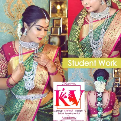 I am so proud to show off my students' work. This complete bridal look, including makeup, hair, and saree draping, was done by a student from a recent batch. They did a fantastic job creating a perfect, natural HD look.
