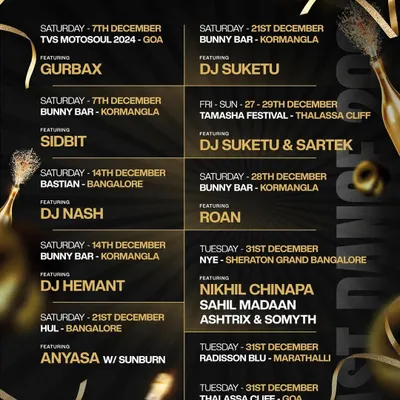 Our 'Last Dance 2024' calendar, showcasing a packed December schedule across Goa and Bangalore. This graphic communicates the sheer volume and variety of events we produce to close out the year.