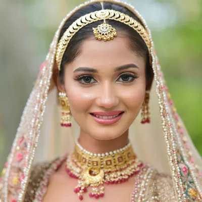 A perfect example of a soft and glowy pastel bride. The makeup is minimal yet impactful, with a focus on luminous skin, soft eyes, and a natural pink lip to complement her beautiful pastel and gold lehenga.