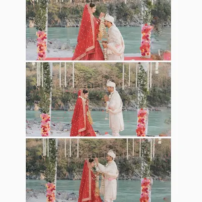 A beautiful sequence of the Varmala ceremony, showing the couple exchanging garlands by the Ganga.