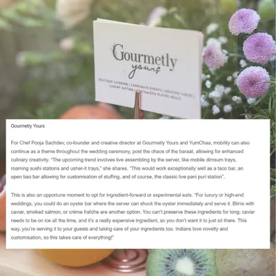 A snapshot of our feature in Brides Today magazine, accompanied by our elegant branding card. This highlights our recognition as a top catering company for weddings.