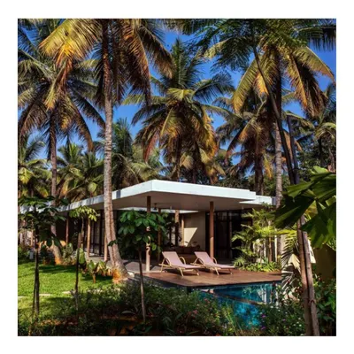 This vacation home, nestled among a dense grove of coconut palms, is designed to feel like a natural extension of the landscape. The simple, low-slung roofline keeps the focus on the surrounding beauty.