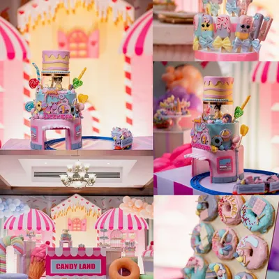 A collage showcasing a spectacular Candyland-themed party. It features a multi-tiered cake with a miniature train, a donut wall, and a dessert stall filled with treats.
