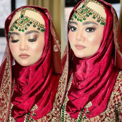 A beautiful before-and-after of my Hijabi bride. I created a soft glam look with a nude lip and shimmery eyeshadow that perfectly complemented her red and green bridal attire.