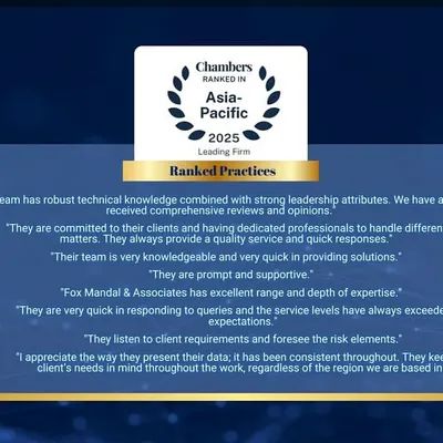 We are thrilled to be recognized as a leading firm by Chambers and Partners in their Asia Pacific Guide 2024-25. The guide includes direct testimonials from our clients, reflecting our commitment to providing quality service and quick responses.