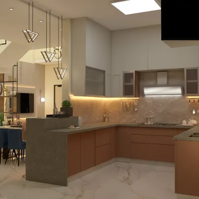 A 3D render of an open-plan kitchen and dining area. The design features modern handleless cabinets, a breakfast counter with a stone finish, and stylish pendant lighting, all contributing to a functional and elegant space.