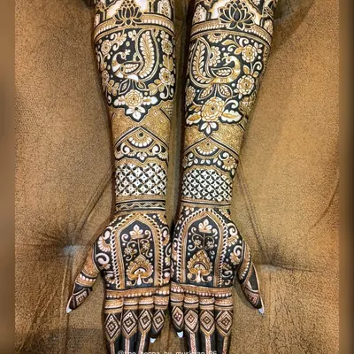 A stunning example of full coverage bridal henna. This design is packed with detail, featuring peacocks, florals, and traditional jaali (net) patterns for a rich and opulent look.
