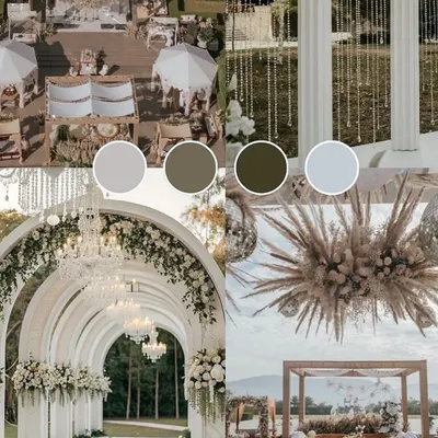 A moodboard for an elegant, all-white wedding theme, featuring pampas grass, crystal chandeliers, and clean, modern arches.