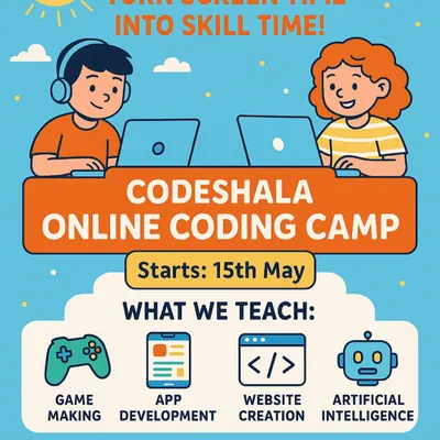 Our online summer coding camp is the perfect way to give your child a head start in tech. This flyer details our core teaching areas: game making, app development, website creation, and artificial intelligence.