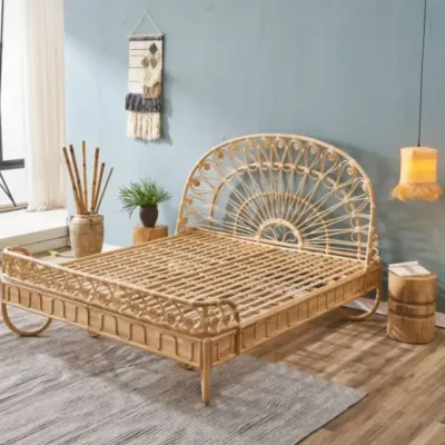 Our custom-made rattan bed is a testament to what's possible with natural materials. The strong, hand-shaped frame and detailed headboard create a breathable and beautiful foundation for your bedroom.