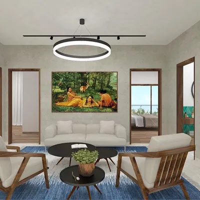 A concept for a contemporary family room, using a palette of natural wood, textured walls, and a bold blue rug. The design focuses on creating a comfortable and stylish gathering space with modern lighting and clean furniture.