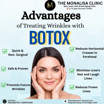 This graphic outlines the key advantages of treating wrinkles with Botox. It highlights that the procedure is quick, non-surgical, safe, and effective at reducing forehead creases, crow's feet, and frown lines while also helping prevent future wrinkles.