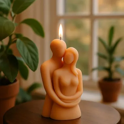 Beyond printed designs, I also craft unique sculpted candles like this one of an embracing couple. It’s a popular choice for anniversaries and romantic gifts, and you can choose the color and scent.